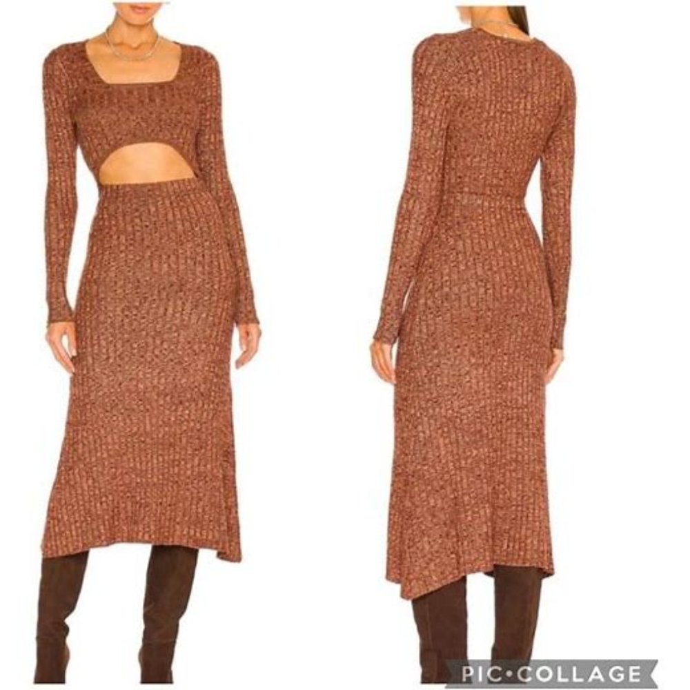 AFRM Knit Midi Sweater Dress Black White Ribbed Cut Out Long Sleeve Size Medium